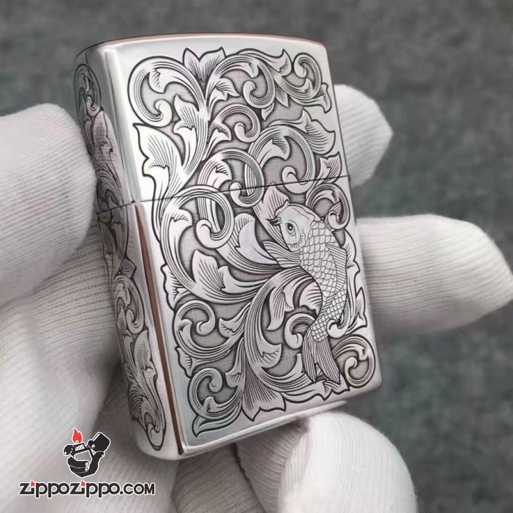 Bật Lửa Zippo Bạc Nguyên Khối Cao Cấp Khắc Cá Chép Vỏ Dầy Bản Armor