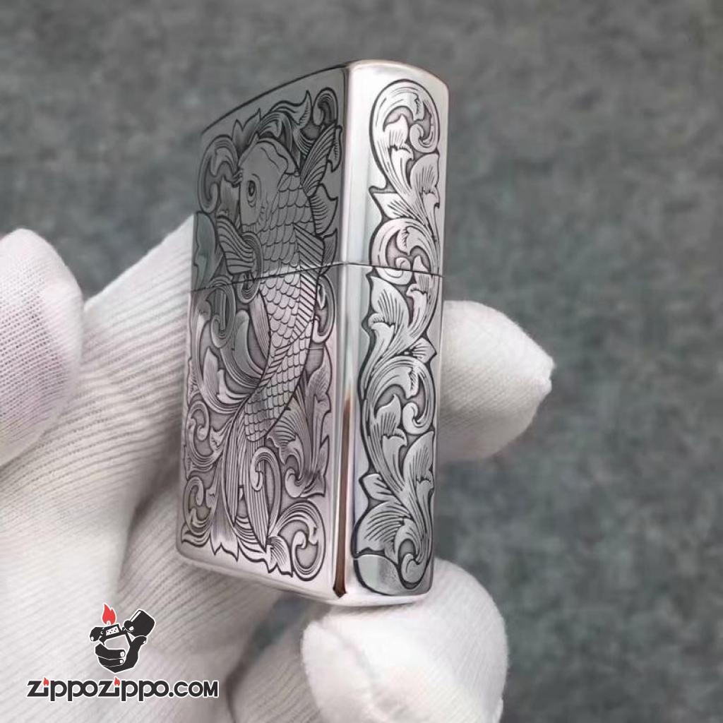 Bật Lửa Zippo Bạc Nguyên Khối Cao Cấp Khắc Cá Chép Vỏ Dầy Bản Armor