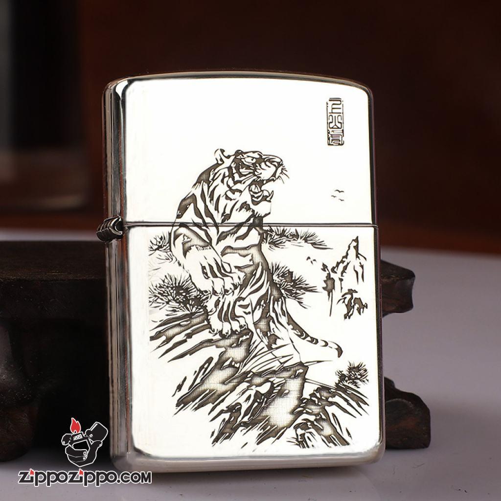 Bật Lửa Zippo Bạc Nguyên Khối Cao Cấp Khắc Chúa Sơn Lâm Vỏ Dầy Bản Armor