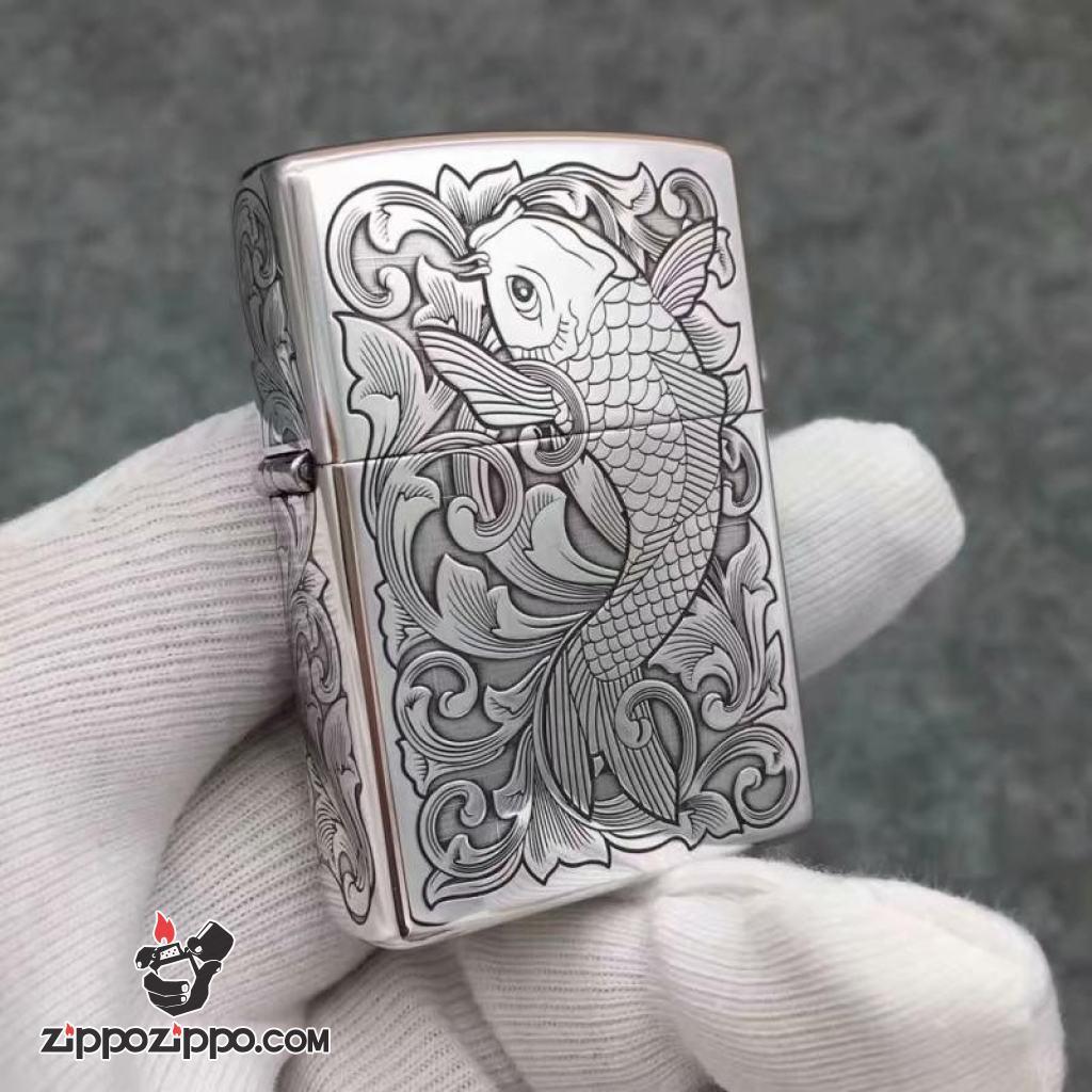 Bật Lửa Zippo Bạc Nguyên Khối Cao Cấp Khắc Cá Chép Vỏ Dầy Bản Armor