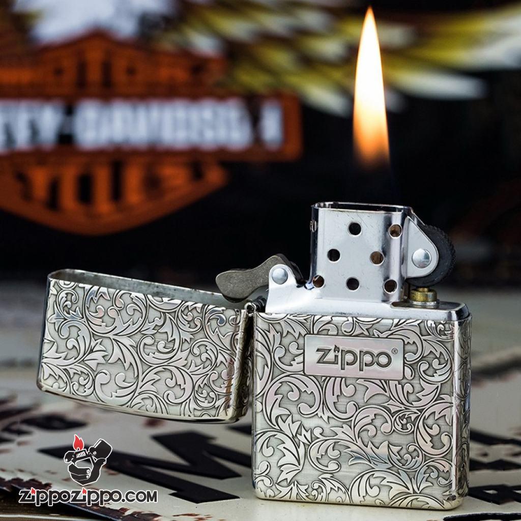 Bật Lửa Zippo Bạc Nguyên Khối Cao Cấp Khắc Hoa Văn Arabesque Và Logo Zippo Vỏ Dầy Bản Armor