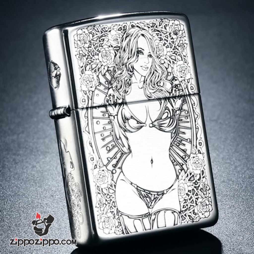 Bật Lửa Zippo Bạc Nguyên Khối Cao Cấp Khắc Chạm Khắc Khắc Hình Cô Gái Sexy Vỏ Dầy Bản Armor