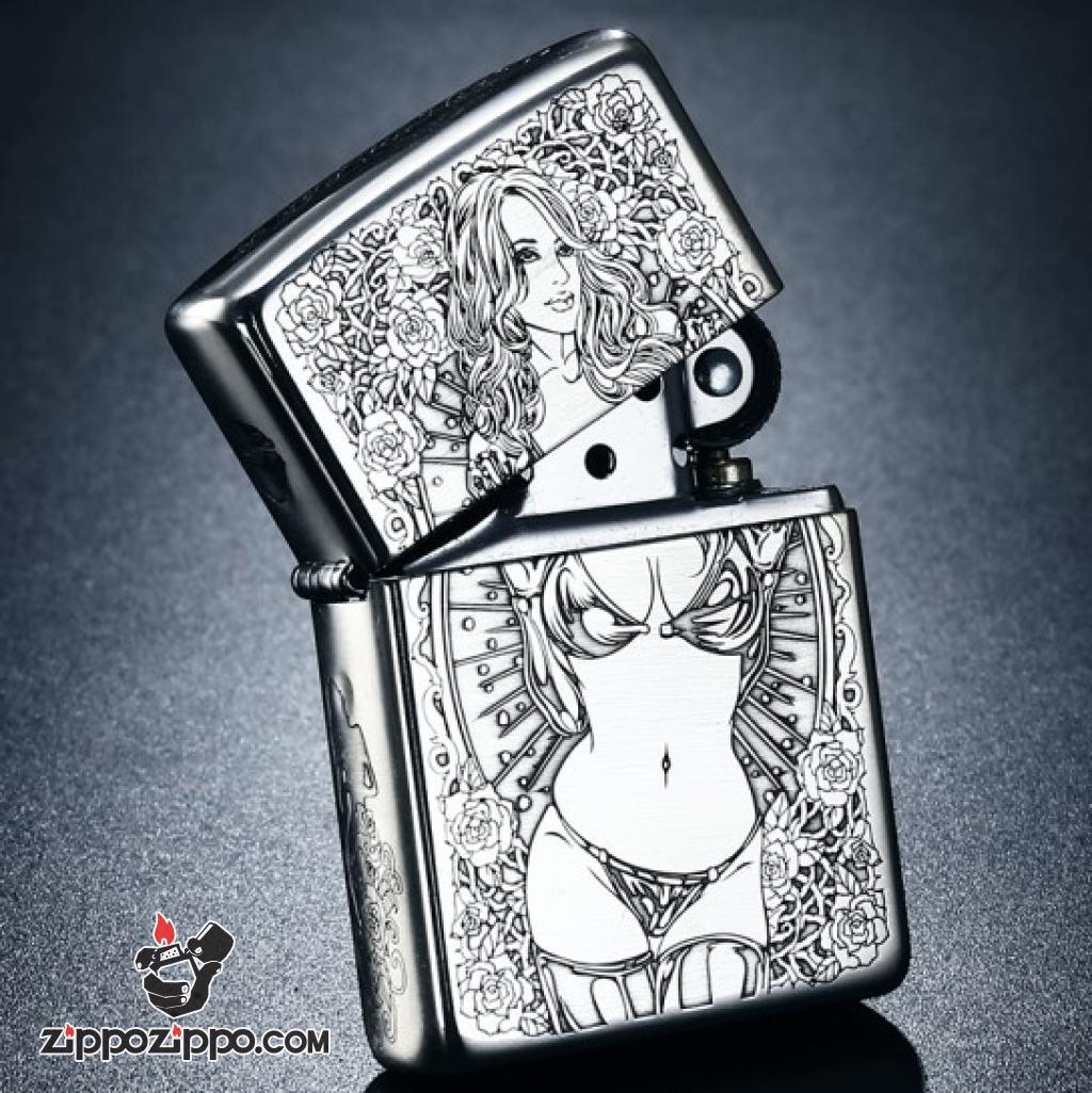 Bật Lửa Zippo Bạc Nguyên Khối Cao Cấp Khắc Chạm Khắc Khắc Hình Cô Gái Sexy Vỏ Dầy Bản Armor