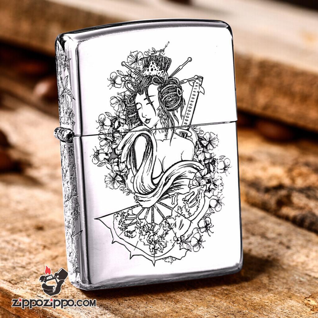 Bật Lửa Zippo Bạc Nguyên Khối Cao Cấp Chạm Khắc Nữ Chiến Binh Samurai Vỏ Dầy Bản Armor