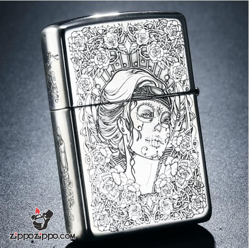 Bật Lửa Zippo Bạc Nguyên Khối Cao Cấp Khắc Chạm Khắc Khắc Hình Cô Gái Sexy Vỏ Dầy Bản Armor