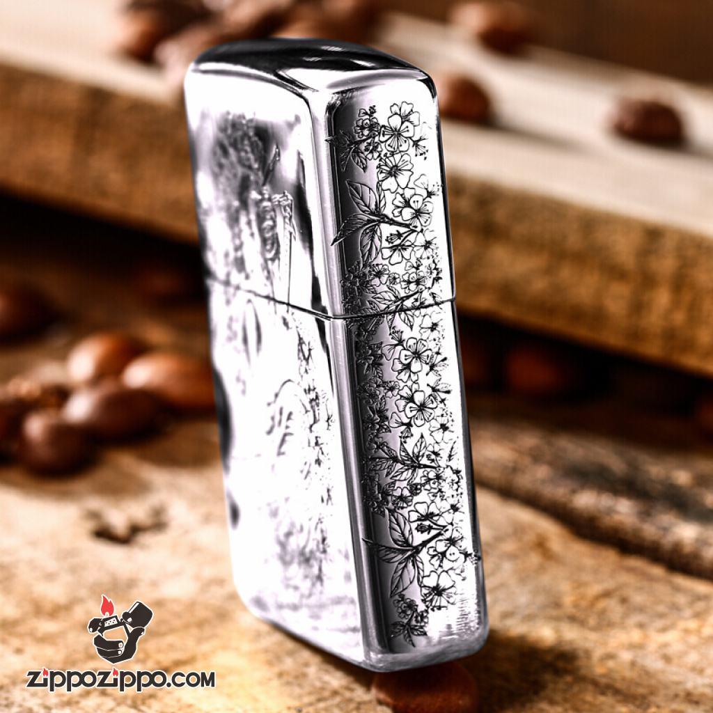 Bật Lửa Zippo Bạc Nguyên Khối Cao Cấp Chạm Khắc Nữ Chiến Binh Samurai Vỏ Dầy Bản Armor