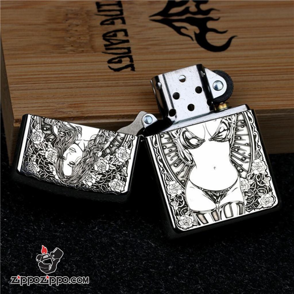 Bật Lửa Zippo Bạc Nguyên Khối Cao Cấp Khắc Chạm Khắc Khắc Hình Cô Gái Sexy Vỏ Dầy Bản Armor