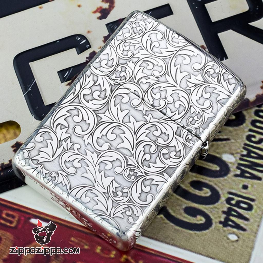 Bật Lửa Zippo Bạc Nguyên Khối Cao Cấp Khắc Hoa Văn Arabesque Và Logo Zippo Vỏ Dầy Bản Armor