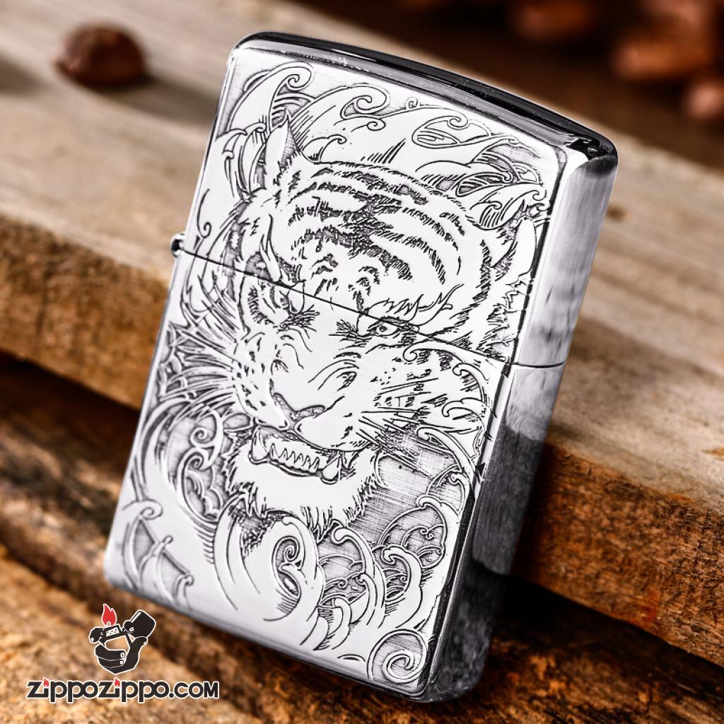 Bật Lửa Zippo Bạc Nguyên Khối Cao Cấp Hổ Và Móng Hổ Bản Vỏ Mỏng