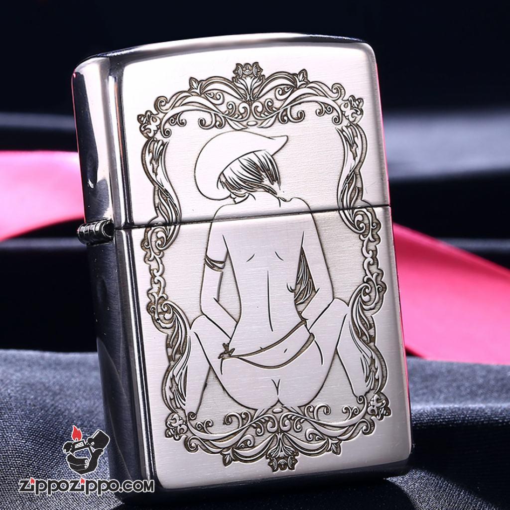 Bật Lửa Zippo Bạc Nguyên Khối Cao Cấp Khắc Khắc Cô Gái Cao Bồi Gợi Cảm Vỏ Dầy Bản Armor