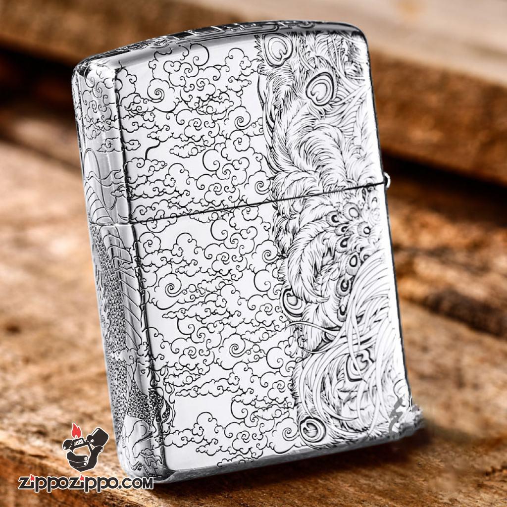 Bật Lửa Zippo Bạc Nguyên Khối Cao Cấp Chạm Khắc Long Phụng Chanh Đấu Vỏ Dầy Bản Armor