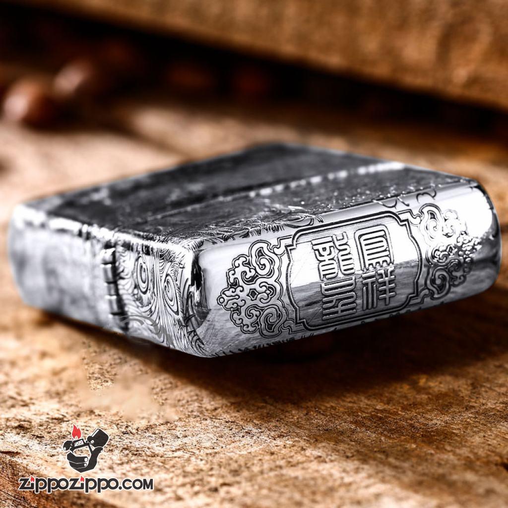 Bật Lửa Zippo Bạc Nguyên Khối Cao Cấp Chạm Khắc Long Phụng Chanh Đấu Bản Vỏ Mỏng