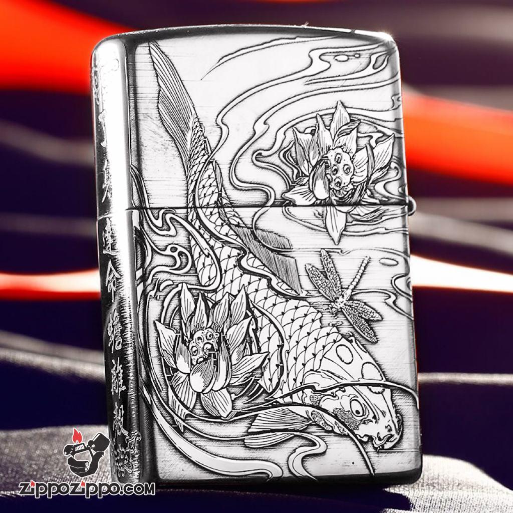 Bật Lửa Zippo Bạc Nguyên Khối Cao Cấp Chạm Khắc Cá Chép Vượt Long Môn Bản Vỏ Mỏng