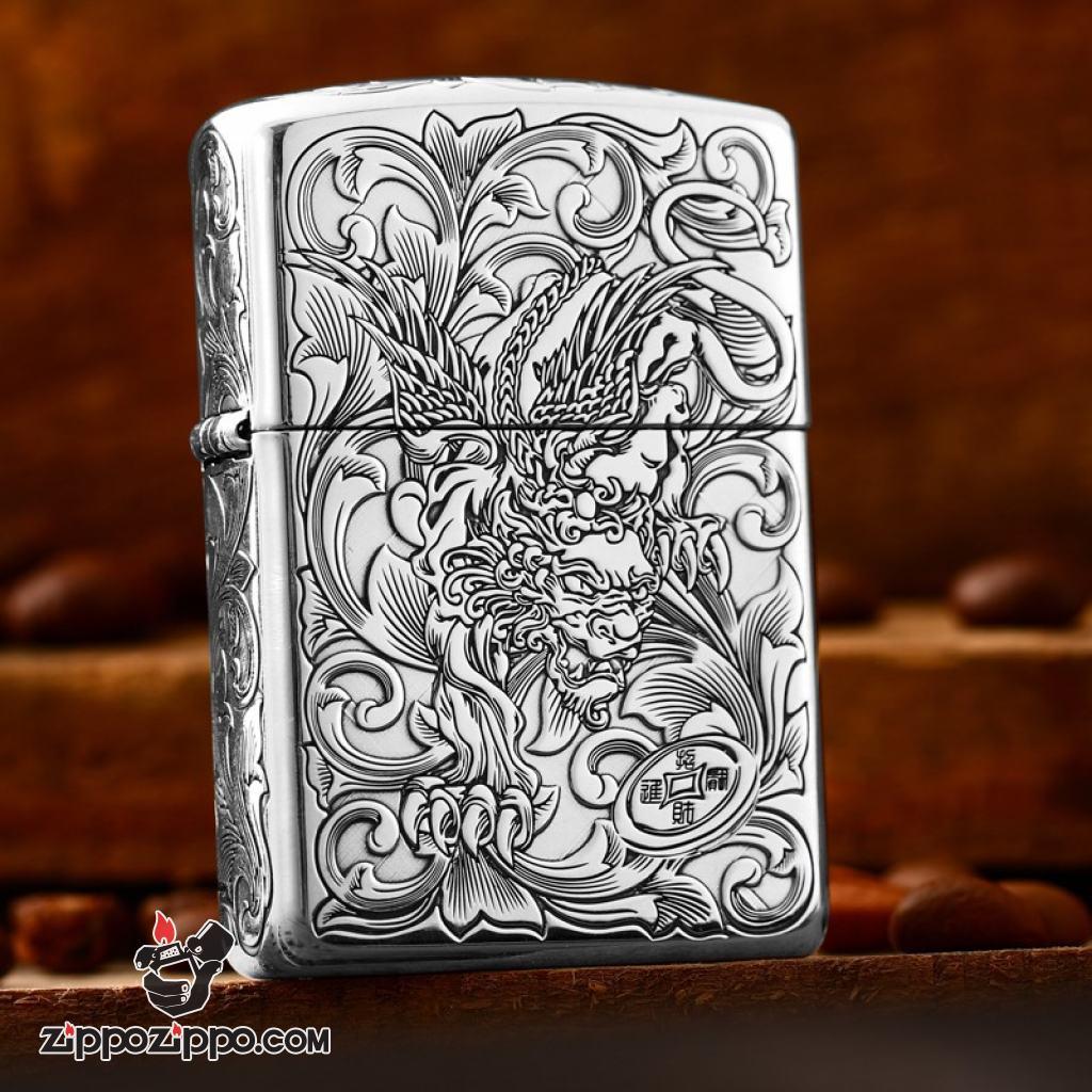 Bật Lửa Zippo Bạc Nguyên Khối Cao Cấp Khắc Tỳ Hưu Năm Mặt Tài Lộc Bản Giới Hạn 99 Chiếc Vỏ Mỏng