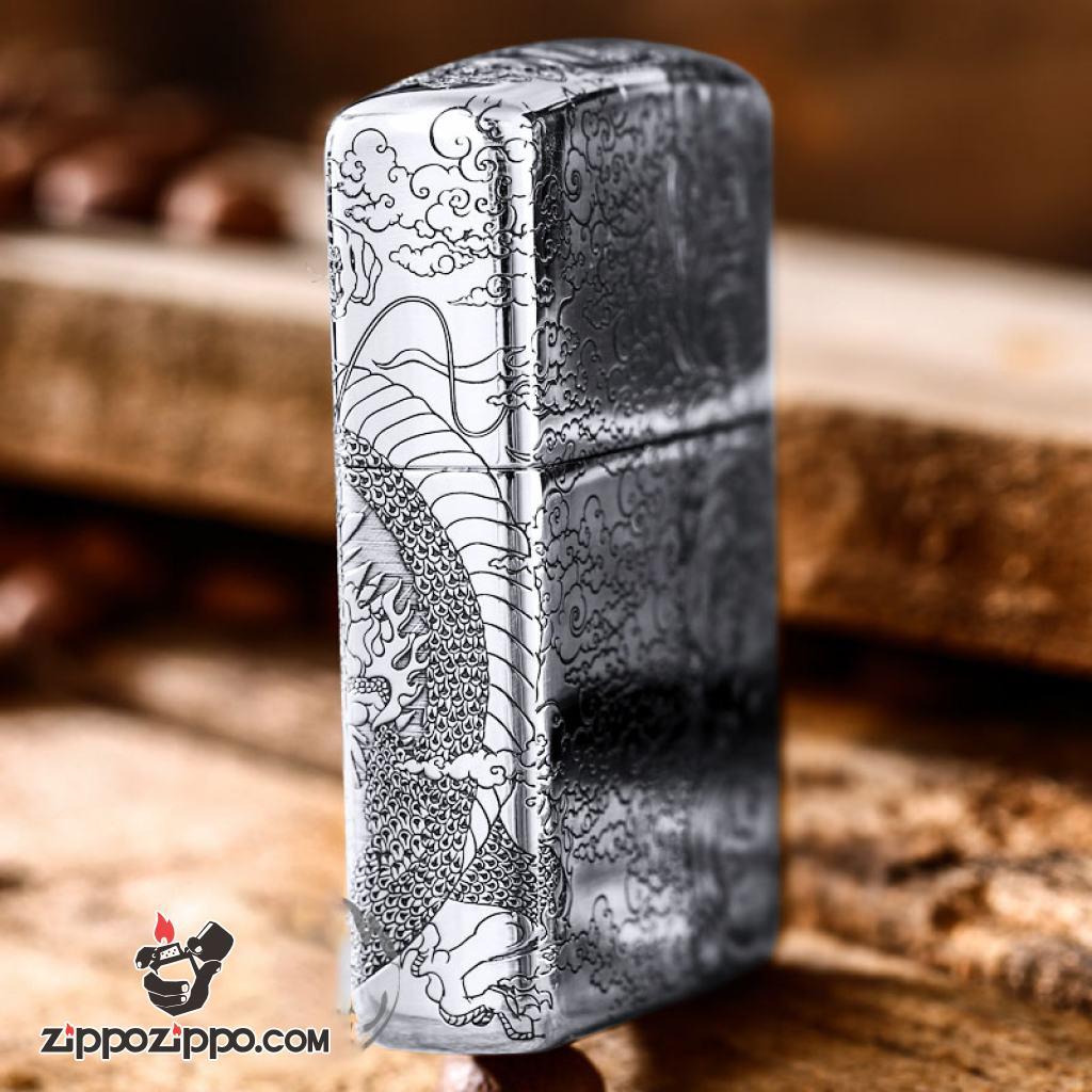 Bật Lửa Zippo Bạc Nguyên Khối Cao Cấp Chạm Khắc Long Phụng Chanh Đấu Bản Vỏ Mỏng
