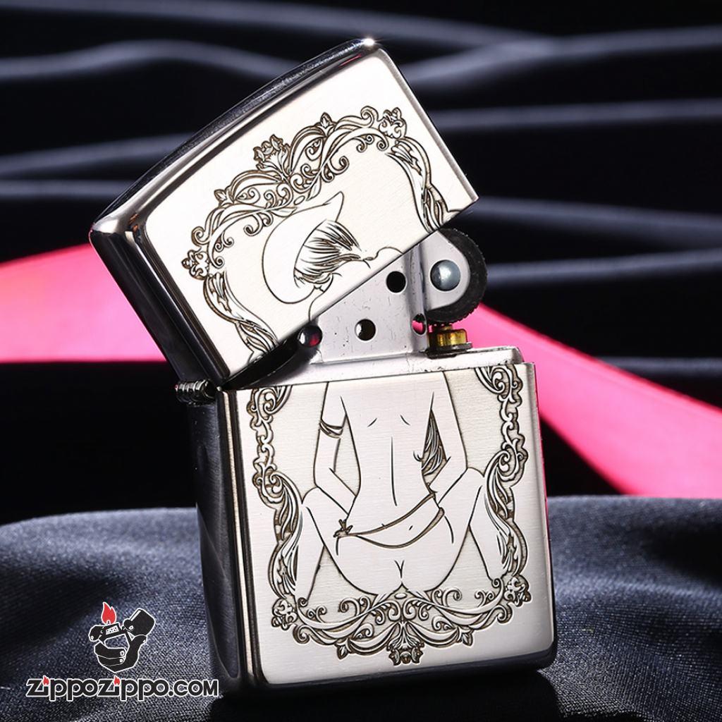 Bật Lửa Zippo Bạc Nguyên Khối Cao Cấp Khắc Khắc Cô Gái Cao Bồi Gợi Cảm Vỏ Dầy Bản Armor