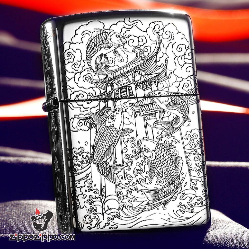 Bật Lửa Zippo Bạc Nguyên Khối Cao Cấp Chạm Khắc Cá Chép Vượt Long Môn Bản Vỏ Mỏng