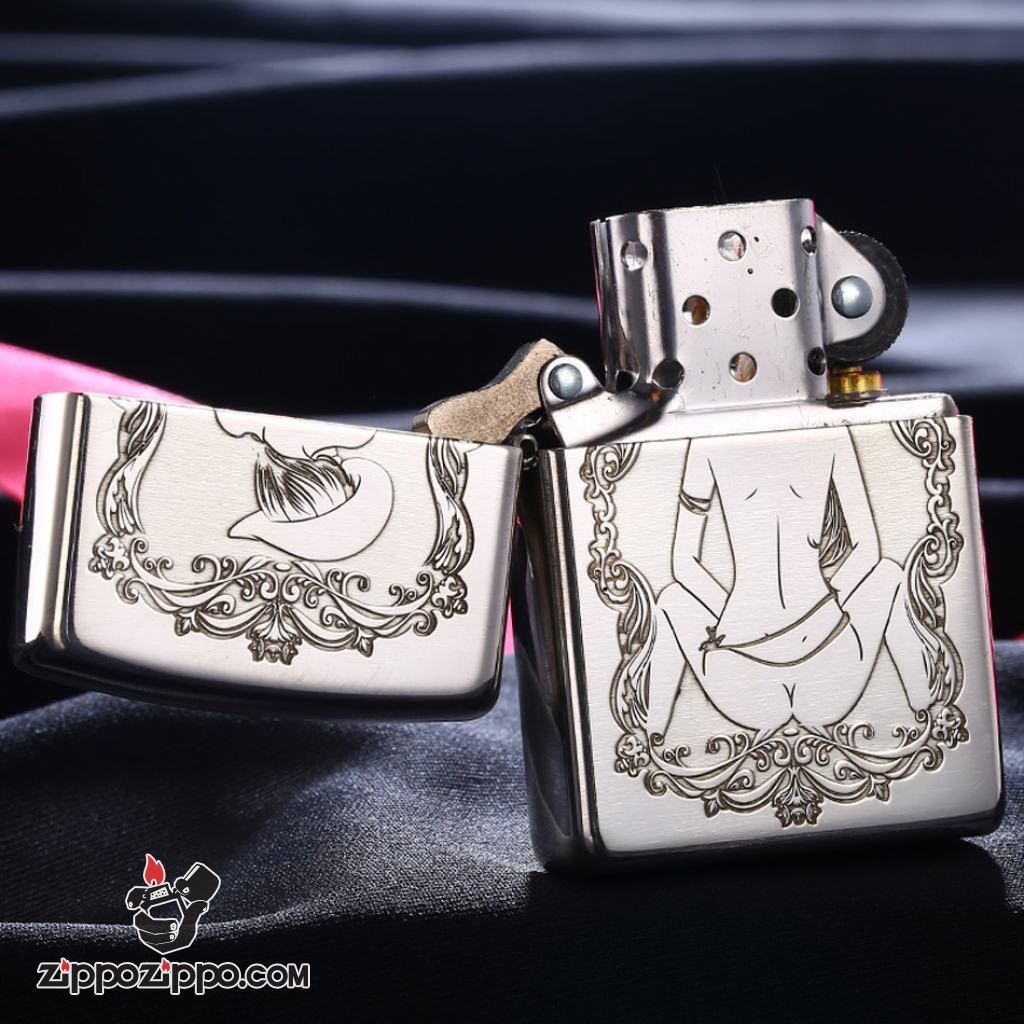 Bật Lửa Zippo Bạc Nguyên Khối Cao Cấp Khắc Khắc Cô Gái Cao Bồi Gợi Cảm Vỏ Dầy Bản Armor