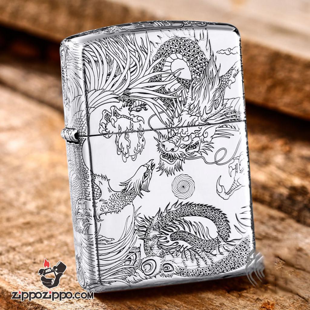 Bật Lửa Zippo Bạc Nguyên Khối Cao Cấp Chạm Khắc Long Phụng Chanh Đấu Bản Vỏ Mỏng