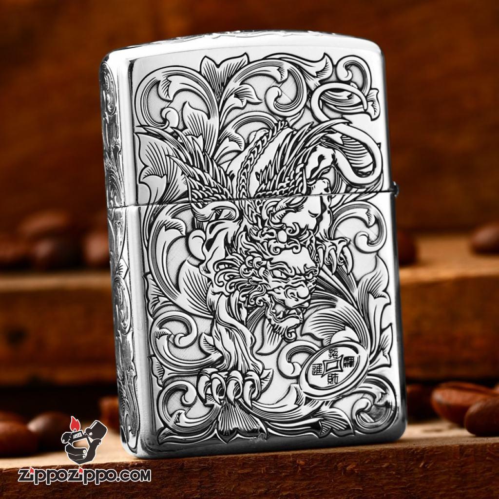Bật Lửa Zippo Bạc Nguyên Khối Cao Cấp Khắc Tỳ Hưu Năm Mặt Tài Lộc Bản Giới Hạn 99 Chiếc Vỏ Mỏng