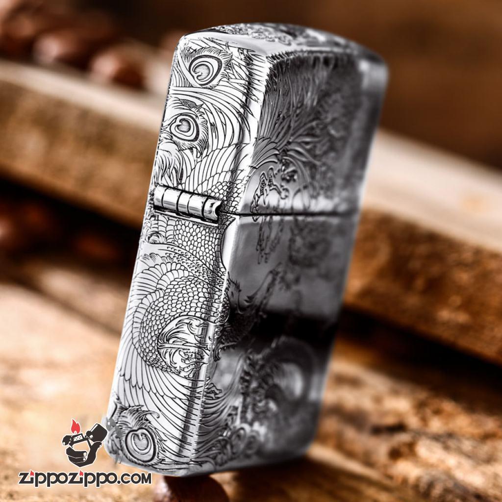 Bật Lửa Zippo Bạc Nguyên Khối Cao Cấp Chạm Khắc Long Phụng Chanh Đấu Bản Vỏ Mỏng