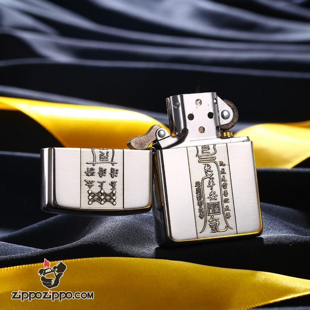 Bật lửa Zippo Bạc Nguyên Khối Cao Cấp Khắc Linh Phù Tài Lộc Bản Vỏ Mỏng