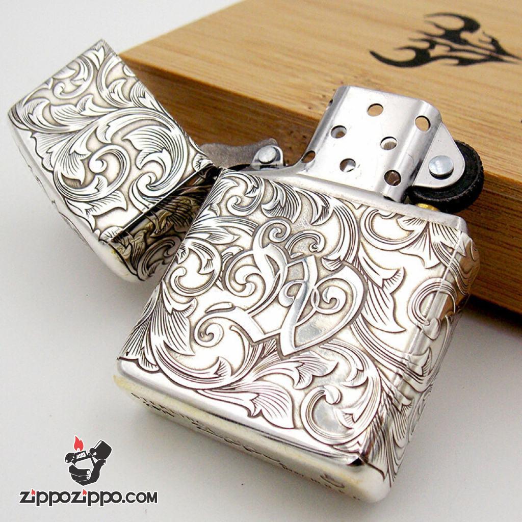 Bật lửa Zippo Bạc Nguyên Khối Cao Cấp Khắc Hoa Văn Tình Yêu Cẩm Chướng Vỏ Dầy Bản Armor