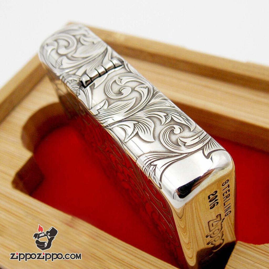 Bật lửa Zippo Bạc Nguyên Khối Cao Cấp Khắc Hoa Văn Tình Yêu Cẩm Chướng Vỏ Dầy Bản Armor