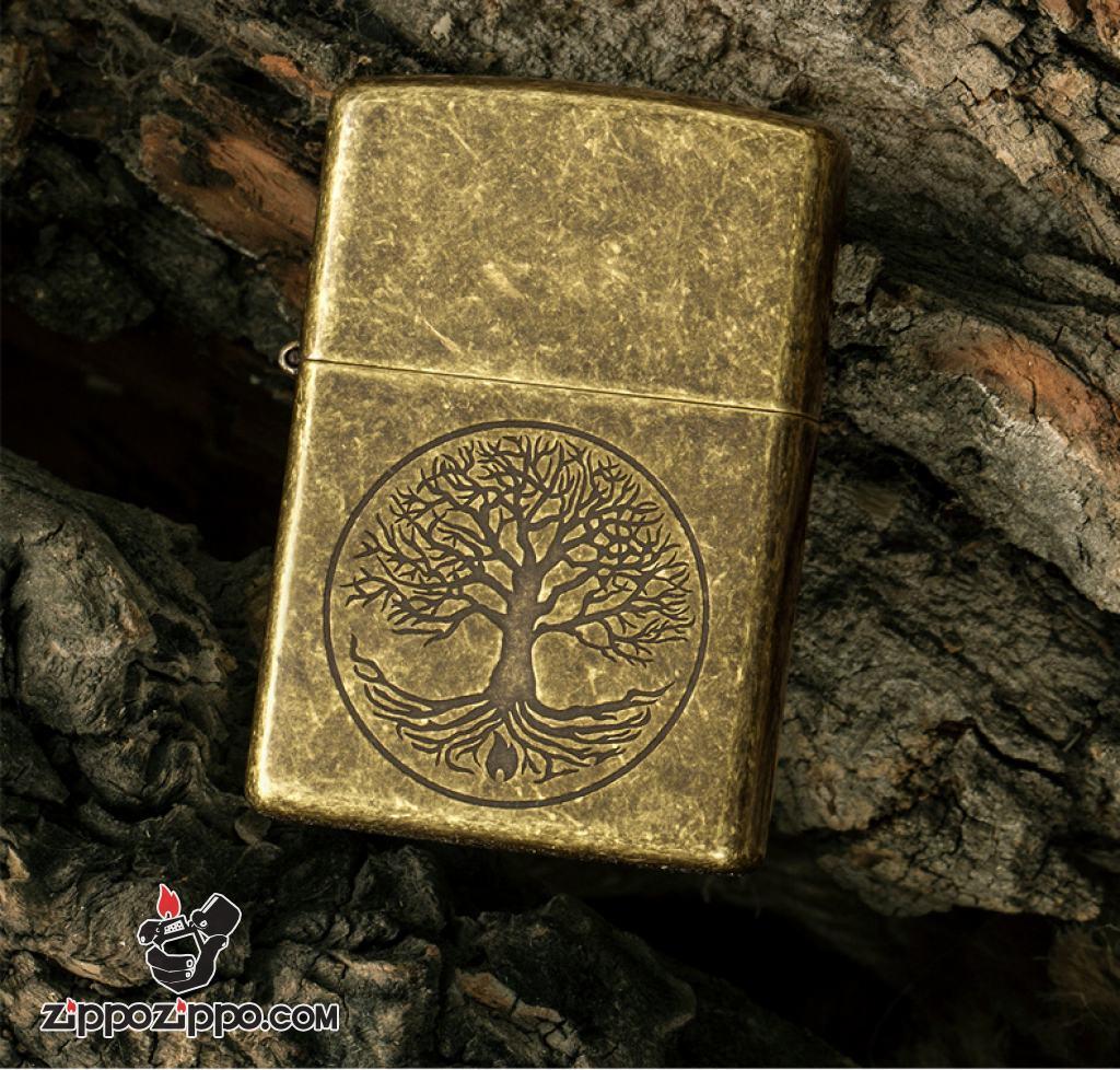Bật Lửa Zippo Mạ Antique Brass Khắc Cây Sự Sống - SKU 29149
