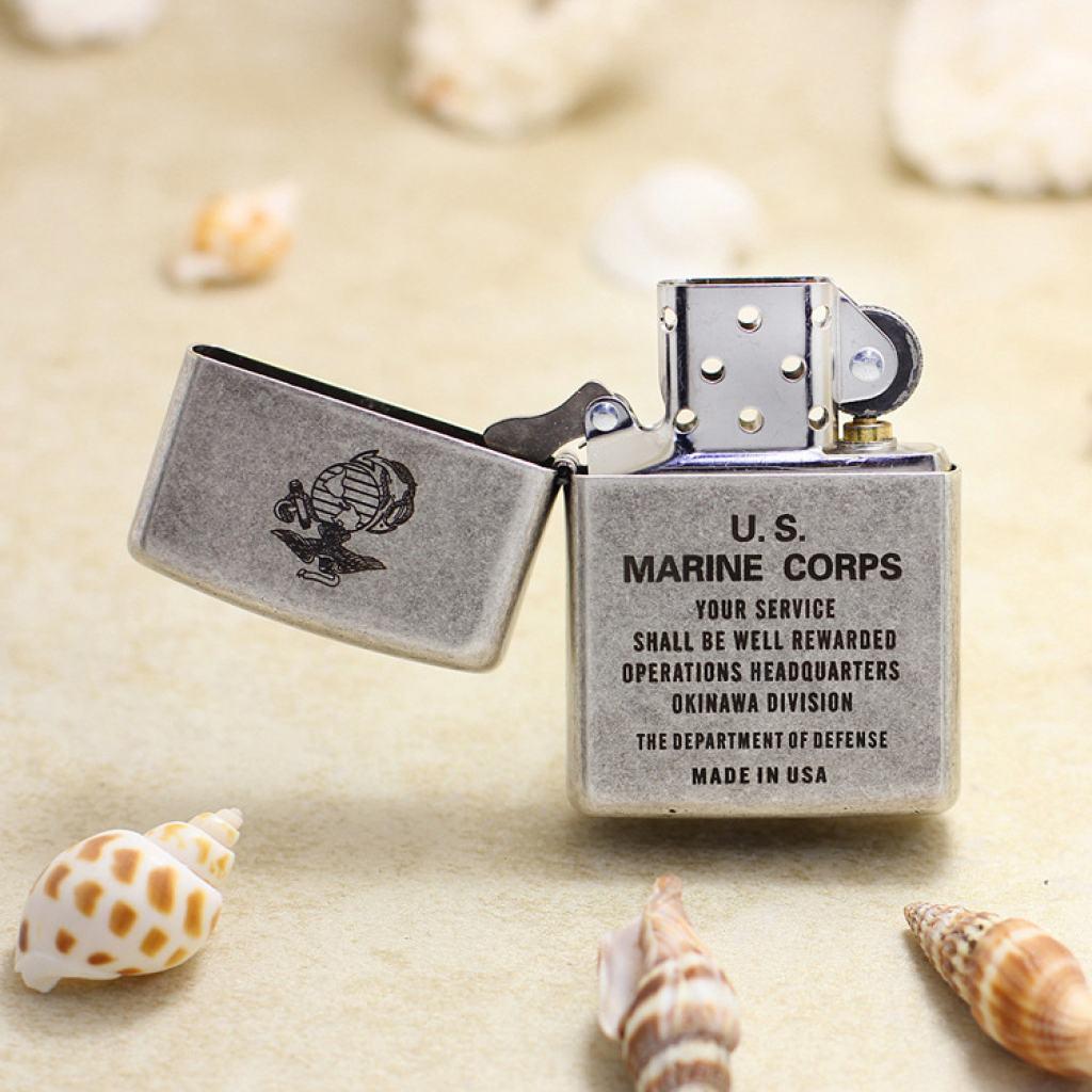 Bật Lửa Zippo Chính Hãng Khắc  Quân Đội U.S.MARINE CORPS Mạ Antique Silver