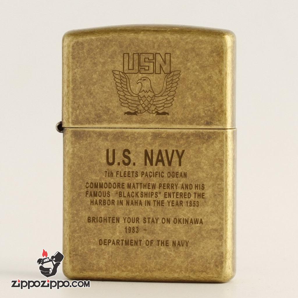 Bật Lửa Zippo Mạ Antique Brass Khắc Huy hiệu Hải quân Hoa Kỳ U.S.Navy