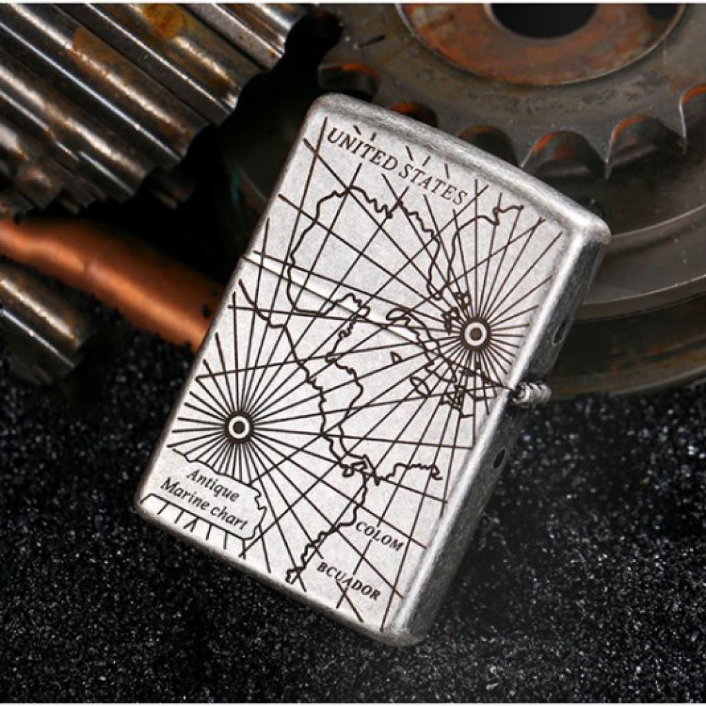Bật Lửa Zippo Chính Hãng Khắc Bản Đồ Và La Bàn Mạ Antique Silver