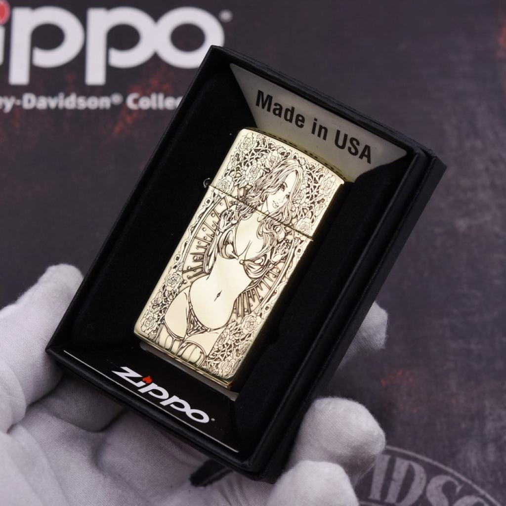 Bật Lửa Zippo Chính Hãng Chạm Khắc Khắc Hình Cô Gái Sexy Phiên Bản Hẹp Slim