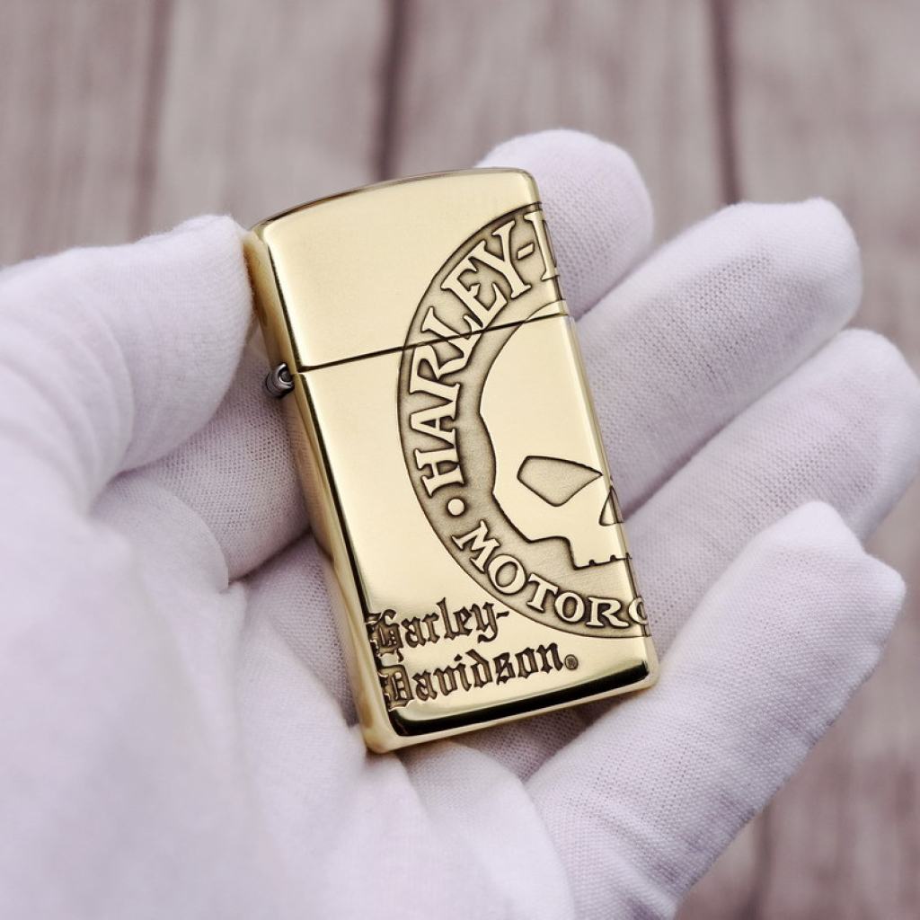 Zippo Chính Hãng Đồng Bóng Khắc Hình Đầu Lâu Harley Davidson Phiên Bản Hẹp Slim
