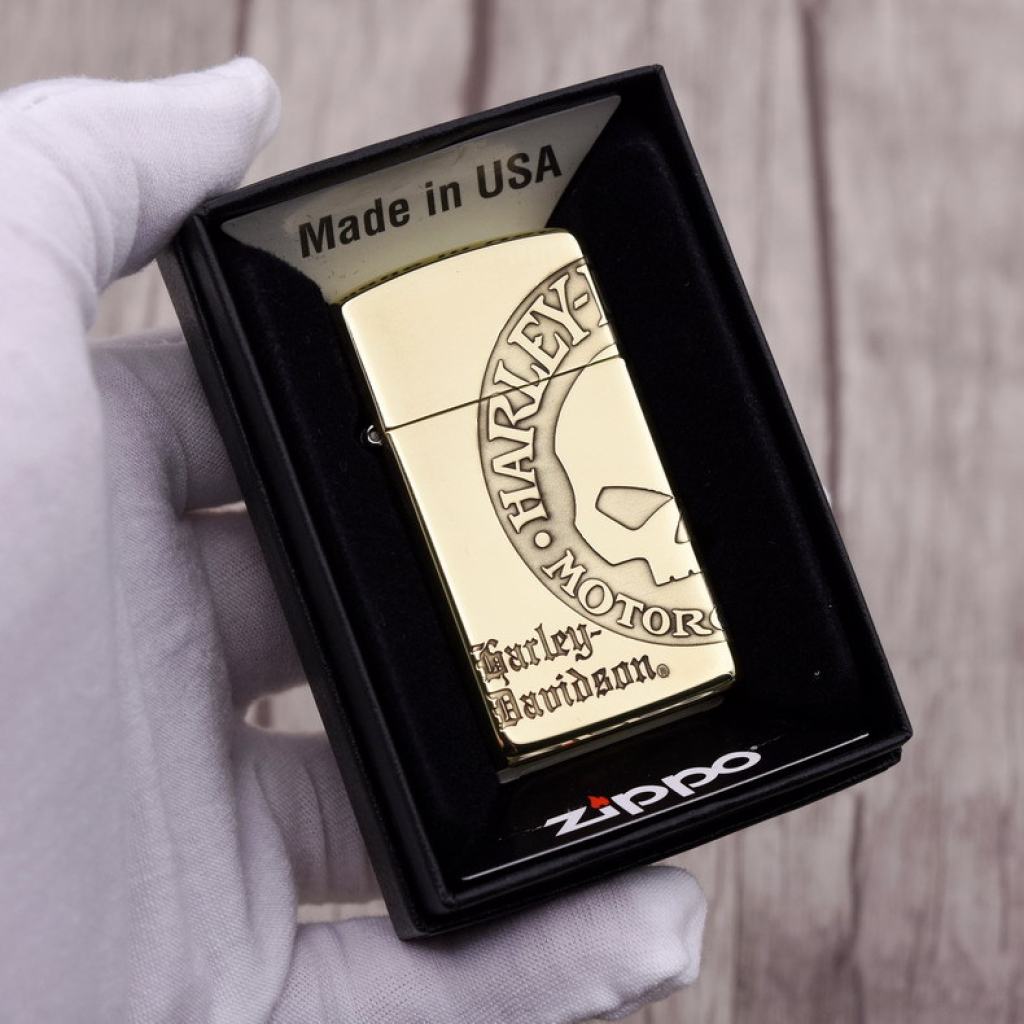 Zippo Chính Hãng Đồng Bóng Khắc Hình Đầu Lâu Harley Davidson Phiên Bản Hẹp Slim