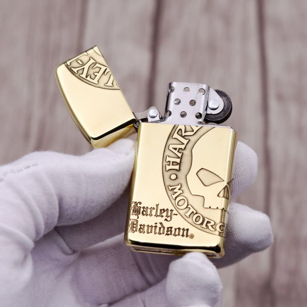 Zippo Chính Hãng Đồng Bóng Khắc Hình Đầu Lâu Harley Davidson Phiên Bản Hẹp Slim