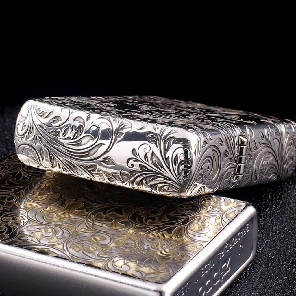 Bật Lửa Zippo Bạc Nguyên Khối Cao Cấp Khắc Hoa Văn Tình Yêu Hoa Elf Bản Mỏng