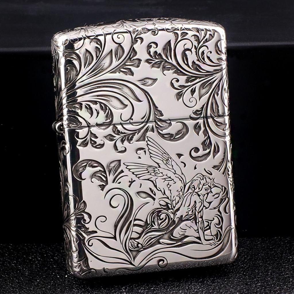 Bật Lửa Zippo Bạc Nguyên Khối Cao Cấp Khắc Hoa Văn Tình Yêu Hoa Elf Bản Mỏng
