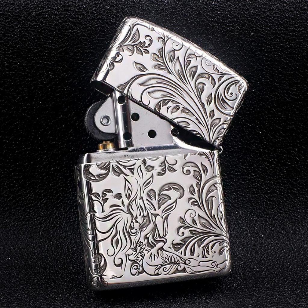 Bật Lửa Zippo Bạc Nguyên Khối Cao Cấp Khắc Hoa Văn Tình Yêu Hoa Elf Bản Mỏng