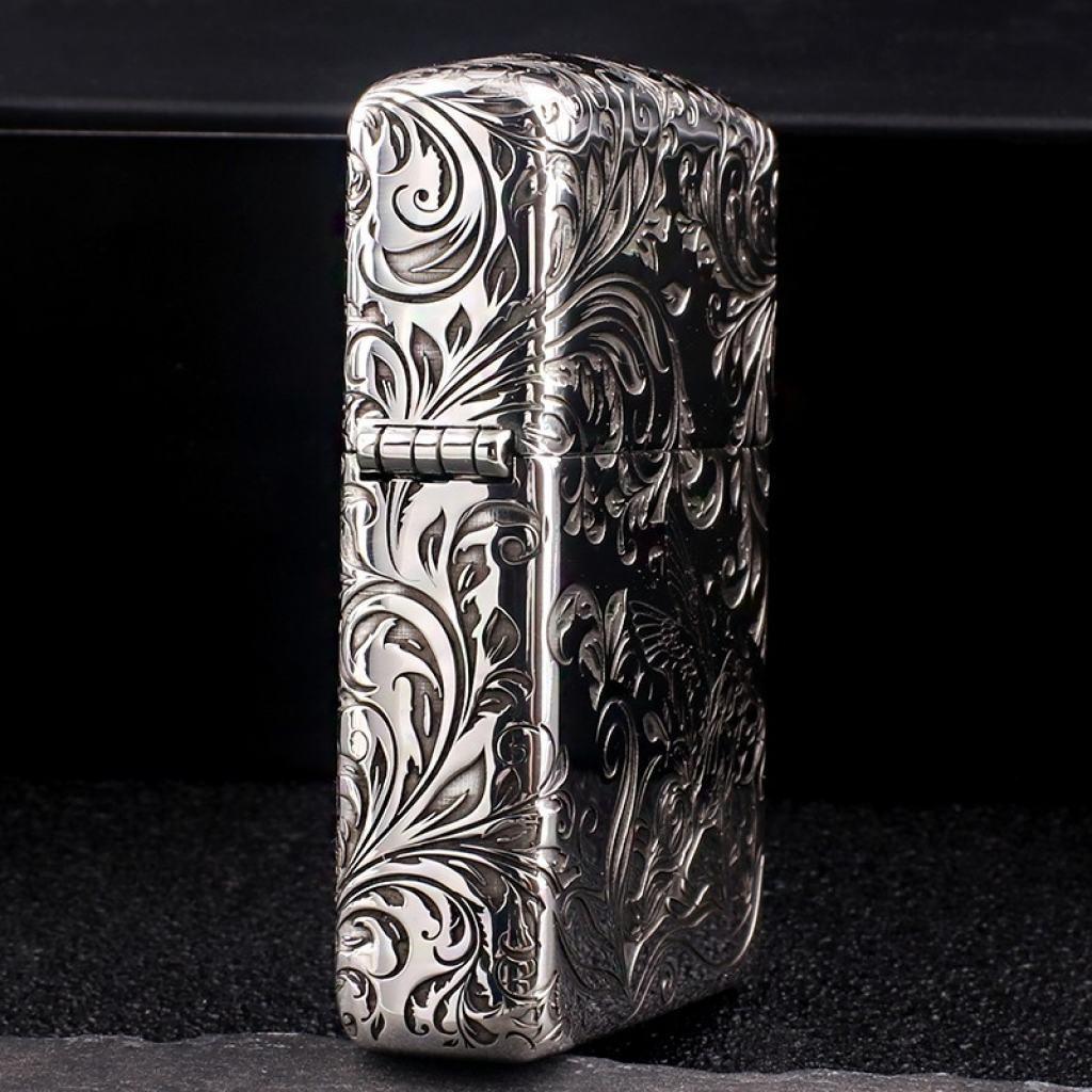 Bật Lửa Zippo Bạc Nguyên Khối Cao Cấp Khắc Hoa Văn Tình Yêu Hoa Elf Bản Mỏng