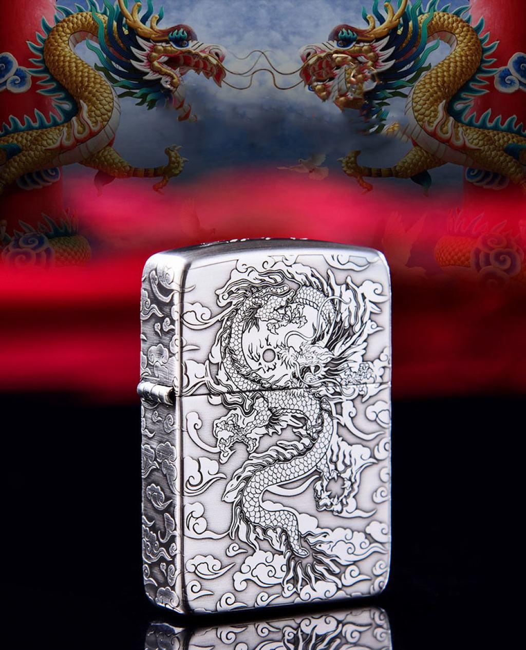 Bật Lửa Zippo Bạc Nguyên Khối Cao Cấp Khắc Rồng Nhả Ngọc Phiên Bản 1941