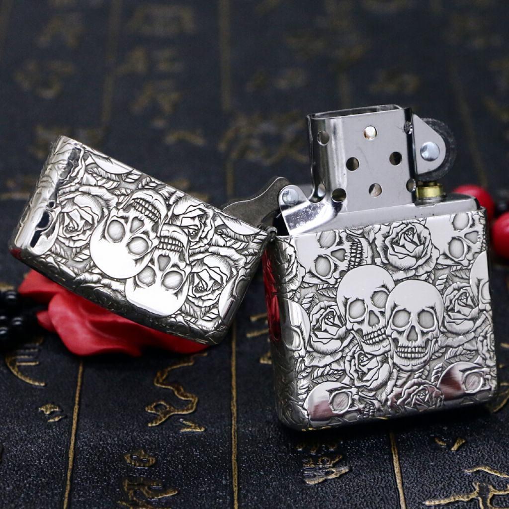 Bật Lửa Zippo Bạc Nguyên Khối Cao Cấp Khắc Năm Mặt Đầu Lâu Hoa Hồng Vỏ Mỏng