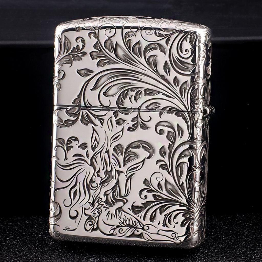 Bật Lửa Zippo Bạc Nguyên Khối Cao Cấp Khắc Hoa Văn Tình Yêu Hoa Elf Vỏ Dầy Bản Armor