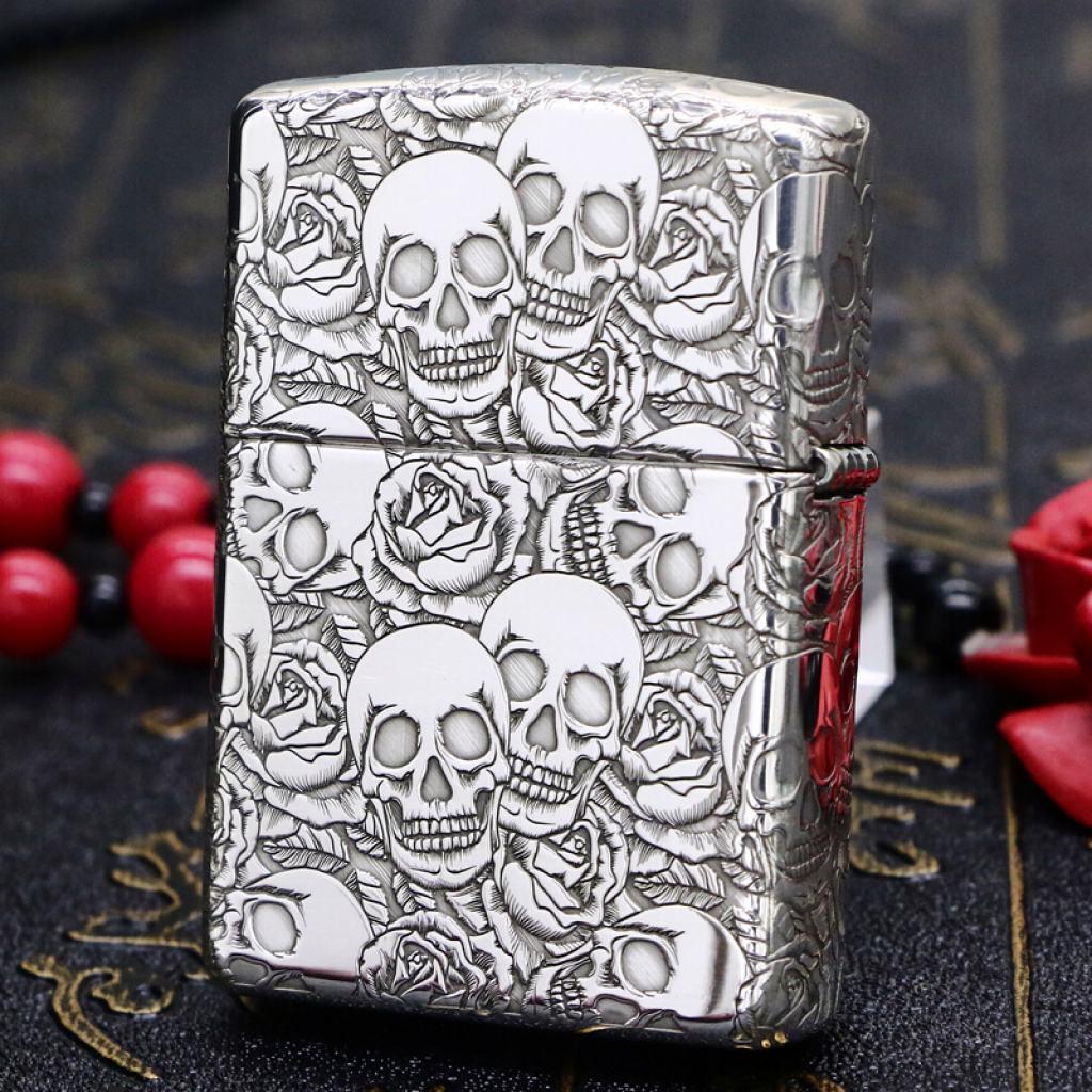 Bật Lửa Zippo Bạc Nguyên Khối Cao Cấp Khắc Năm Mặt Đầu Lâu Hoa Hồng Vỏ Dày Armor