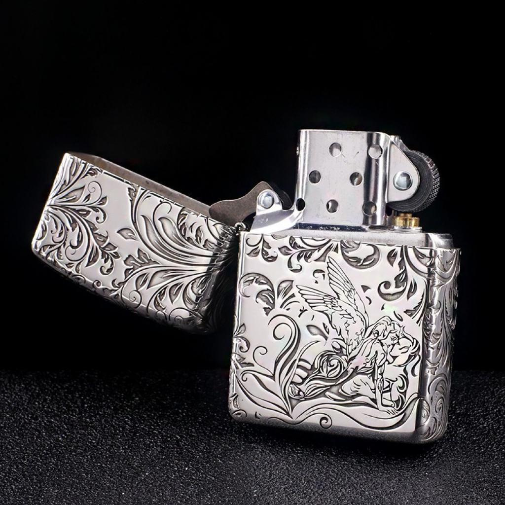 Bật Lửa Zippo Bạc Nguyên Khối Cao Cấp Khắc Hoa Văn Tình Yêu Hoa Elf Bản Mỏng