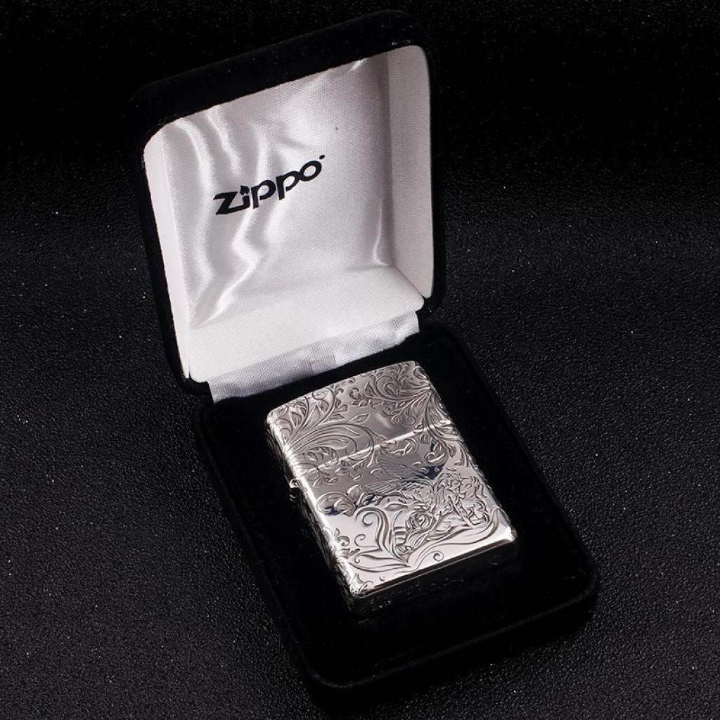 Bật Lửa Zippo Bạc Nguyên Khối Cao Cấp Khắc Hoa Văn Tình Yêu Hoa Elf Bản Mỏng