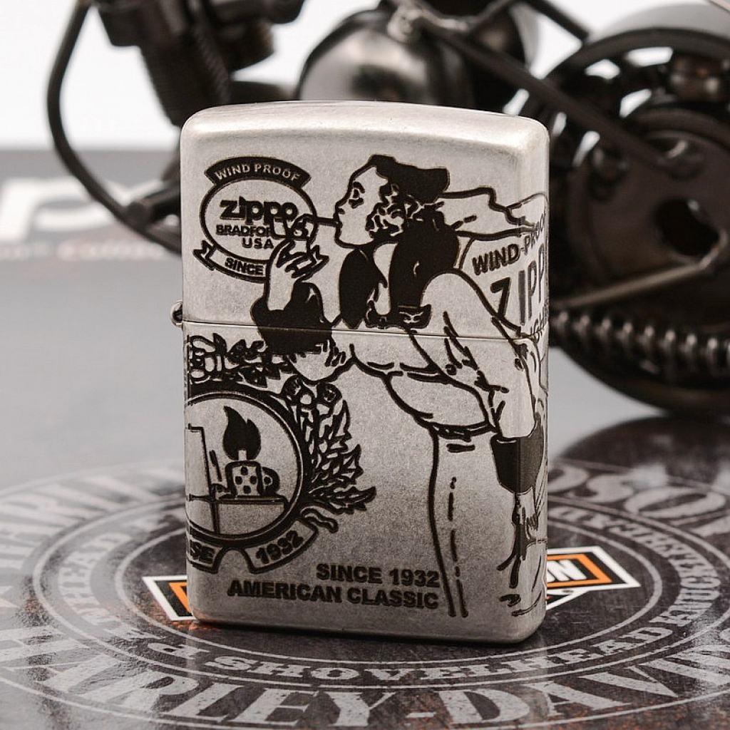 Bật Lửa Zippo Chính Hãng Khắc Cô Gái Zippo Mạ Antique Silver