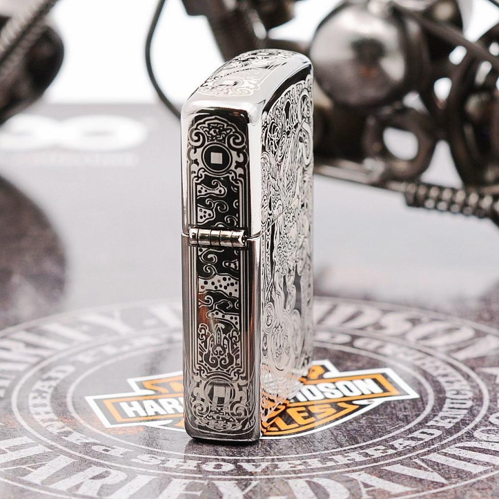 Bật Lửa Zippo Chính Hãng Khắc Tỳ Hưu Cưỡi Đồng Xu Đen Bóng