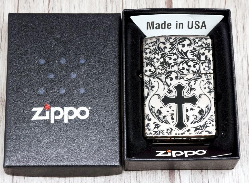 Bật Lửa Zippo Chính Hãng Khắc Hoa Văn Thánh Giá Đen Bóng