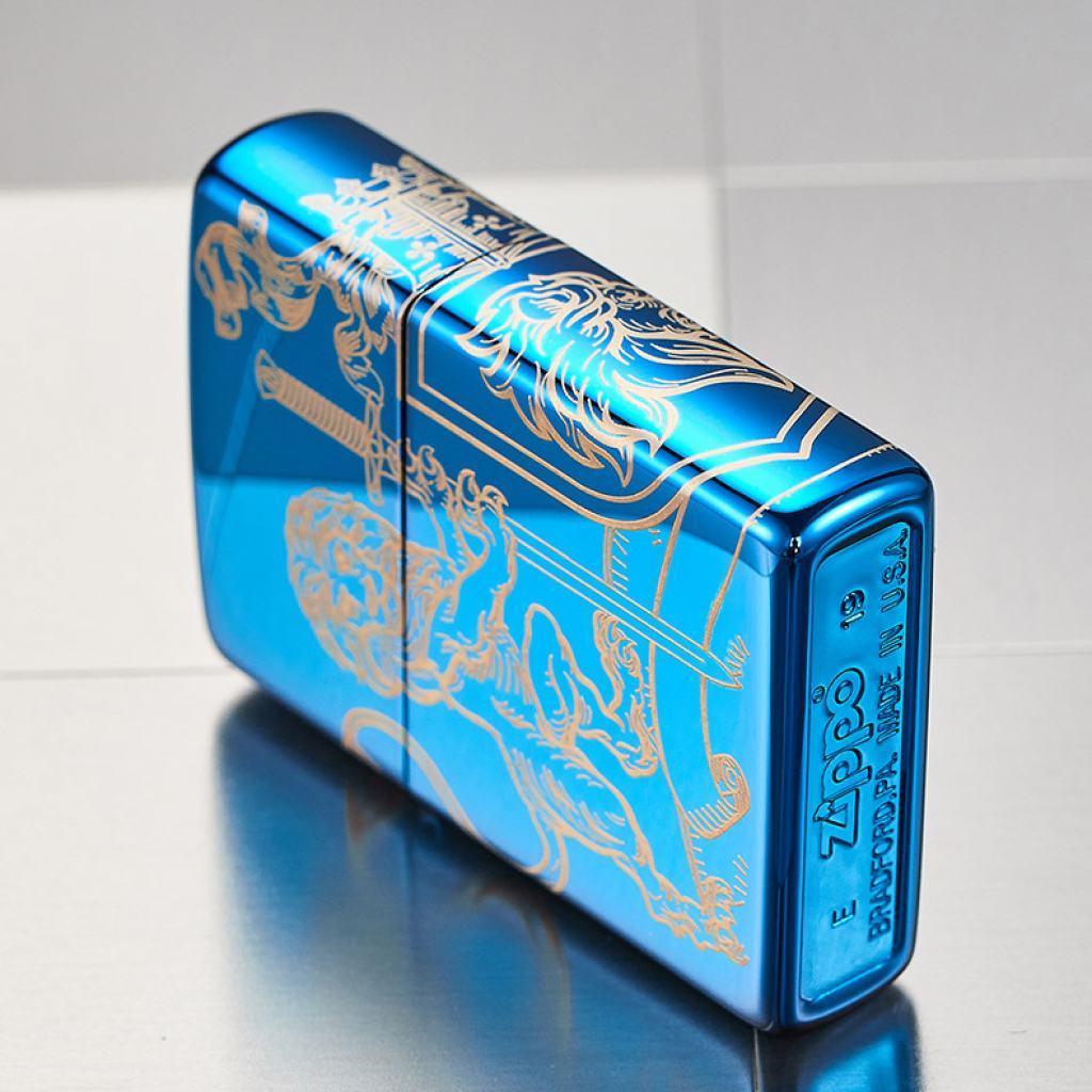 Bật Lửa Zippo Xanh Dương Khắc Biểu Tượng Sư Tử Trung Cổ
